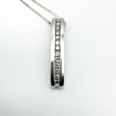 9ct White Gold 0.12ct Diamond Bar Drop Pendant & 18” Curb Chain