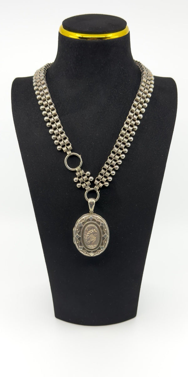 Large Antique Victorian Sterling Silver Reversible Locket & 18.5" Book Chain 925
