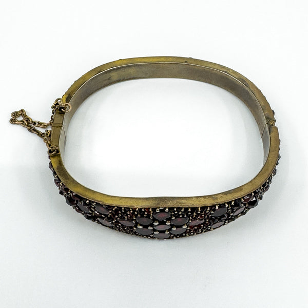 Antique Silver Gilt Bohemian Rose & Flat Cut Garnet Hinged Bangle / Bracelet