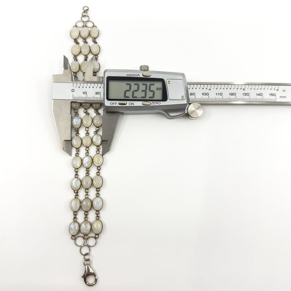 Vintage Sterling Silver 3x Row Moonstone 8.5" Bracelet 925