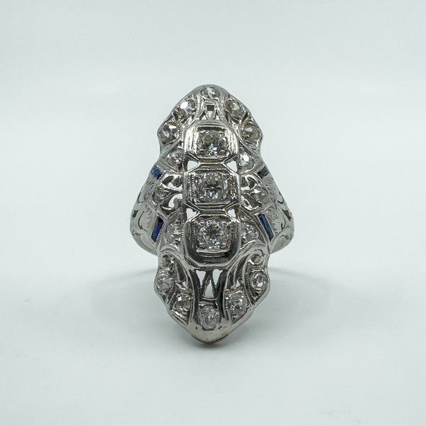 Antique / Art Deco Platinum Diamond & Sapphire Trilogy Navette Ring Size M
