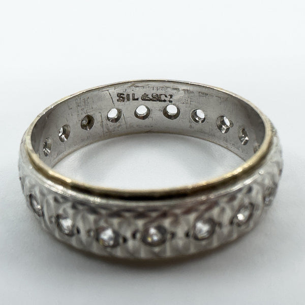 Vintage 9ct Gold & Silver White Spinel Engraved Full Eternity Band Ring Size N