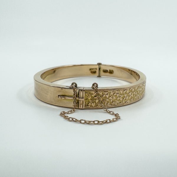 Antique 9ct Rose Gold Oval Ivy Engraved Hinged Bangle Bracelet 375 Chester 1898