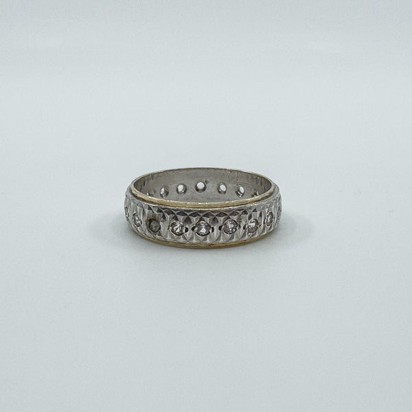 Vintage 9ct Gold & Silver White Spinel Engraved Full Eternity Band Ring Size N