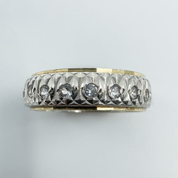 Vintage 9ct Gold & Silver White Spinel Engraved Full Eternity Band Ring Size N