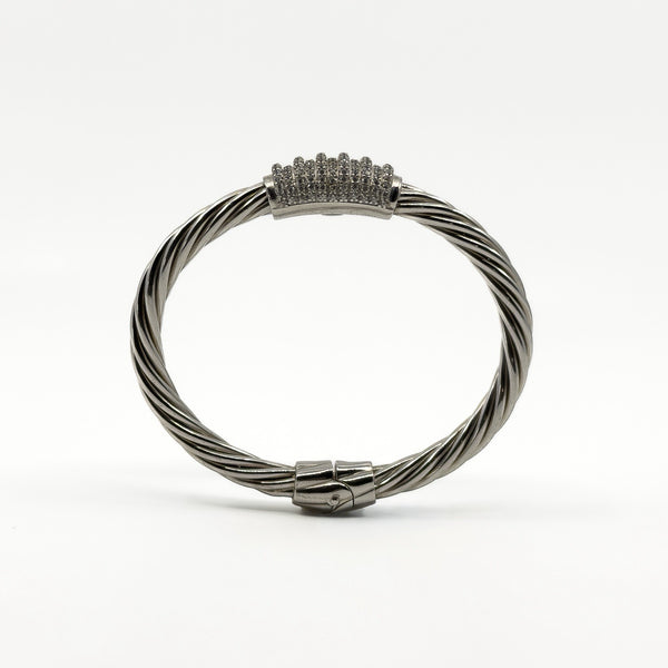 Chunky Twisted Sterling Silver CZ Oval Bangle / Bracelet 925