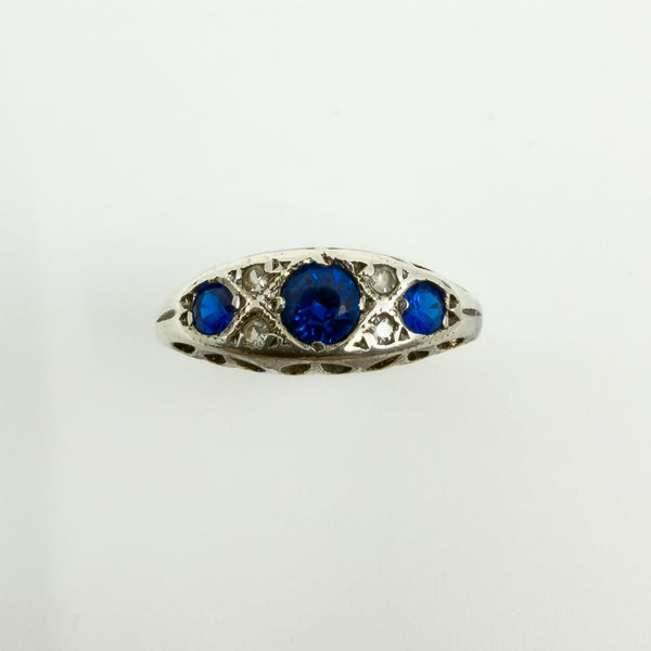 Vintage Sterling Silver Blue & White Paste Boat Ring 925 Size M - N