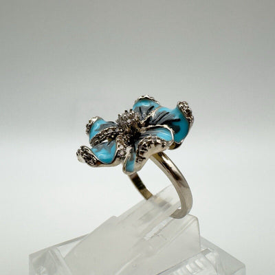 Huge Unusual Enamelled Blue Flower Pansy CZ Cocktail Ring Size L - M 6g