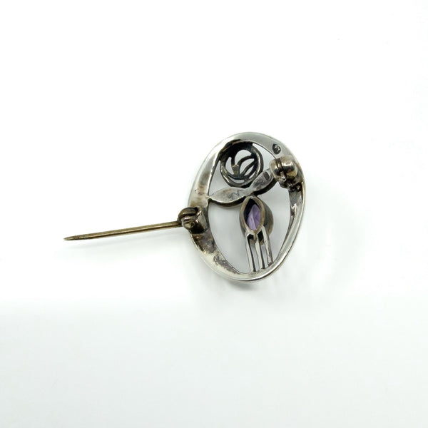 Vintage Sterling Silver Amethyst Oval Rose & Vine Brooch 925