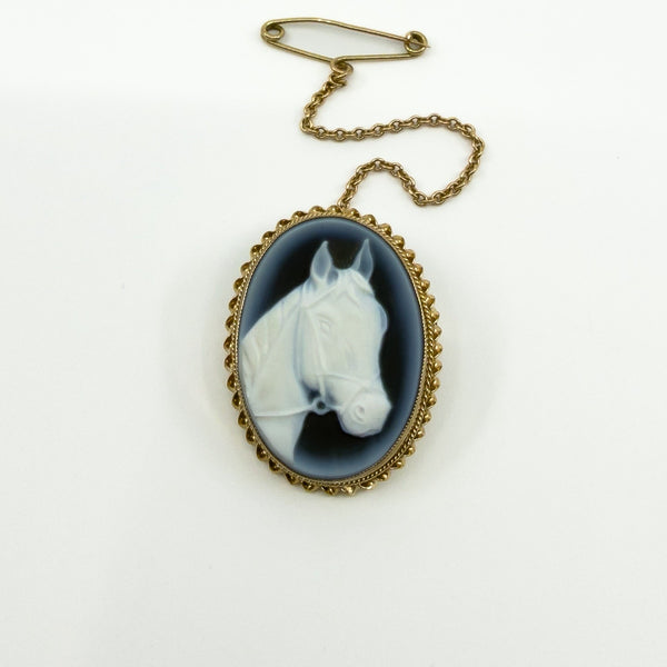 Vintage 9ct Gold Blue Agate Cameo Equestrian Horse Brooch / Pendant 375