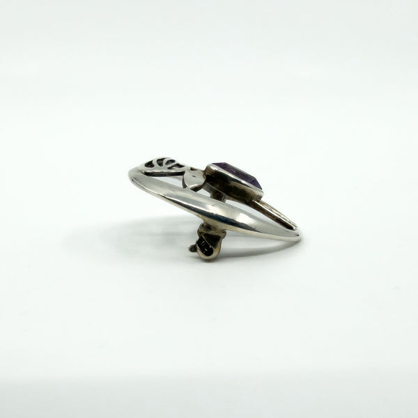 Vintage Sterling Silver Amethyst Oval Rose & Vine Brooch 925