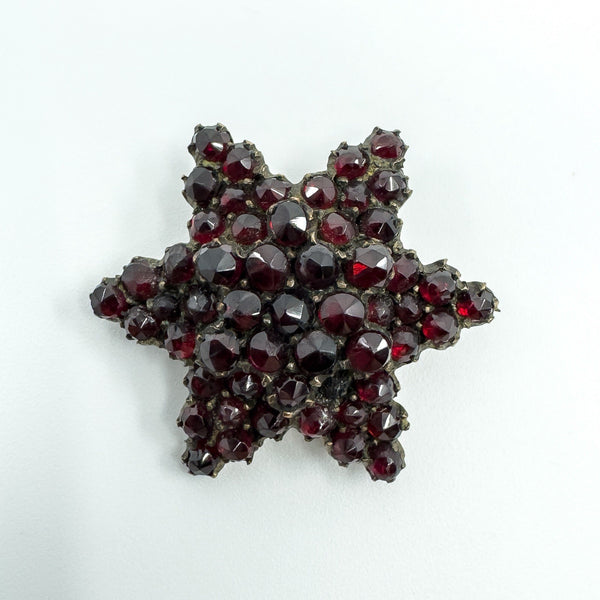 Antique Silver Gilt Bohemian Rose Cut Garnet Star Brooch