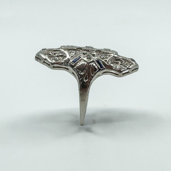 Antique / Art Deco Platinum Diamond & Sapphire Trilogy Navette Ring Size M