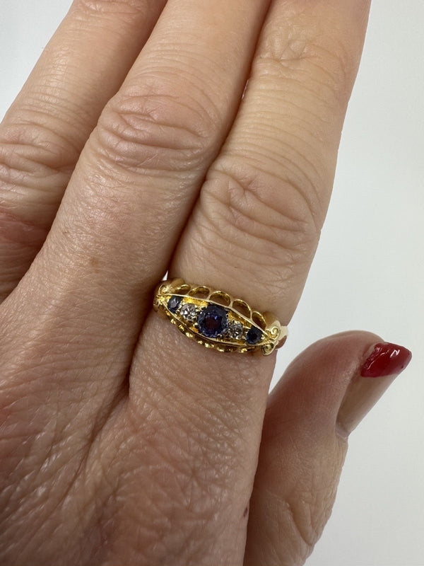 Antique 18ct Gold Diamond & Sapphire Boat Ring 750 Size M - N