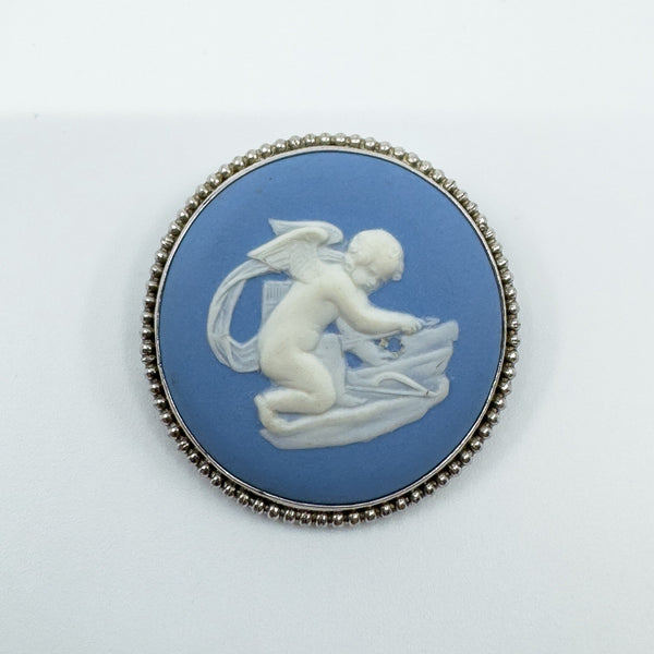 Vintage Sterling Silver Wedgewood Cupid Cherub Blue Jasper Ware Cameo Brooch 925