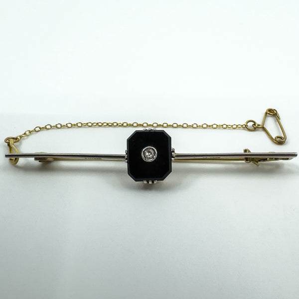 Antique / Art Deco 18ct & 15ct Gold Diamond & Black Onyx Bar Brooch 750