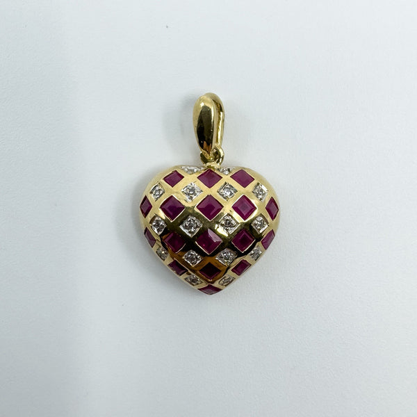 Vintage 9ct Gold Puffy Ruby & Diamond Heart Pendant 375