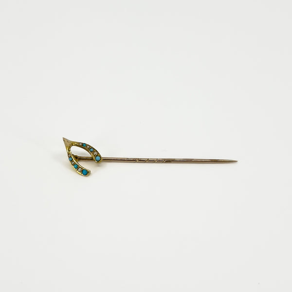 Antique Victorian 9ct / 15ct Gold Lucky Wish Bone Pearl & Turquiose Stick Pin