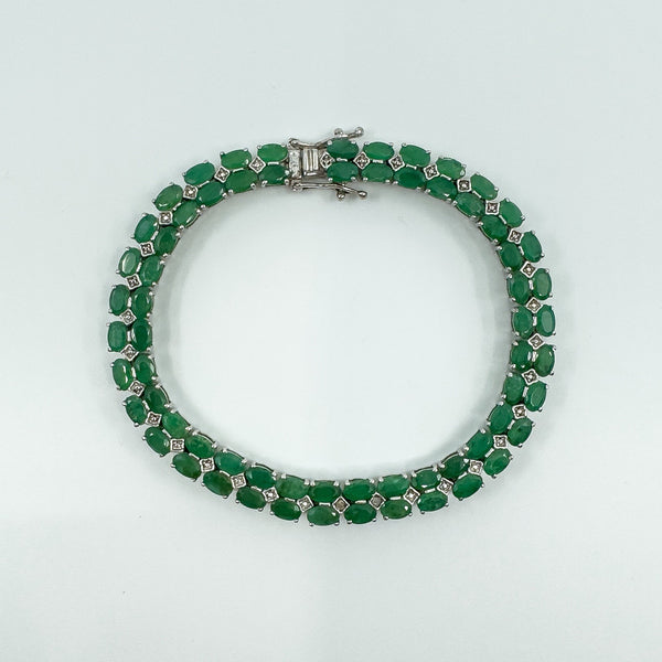 Sterling Silver Natural 16.50ct Emerald & Diamond Double Row Tennis Bracelet 925