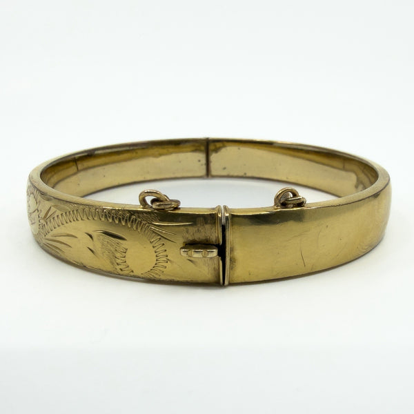 Vintage Rolled Gold Oval Foliate Engraved Hinged Bangle / Bracelet