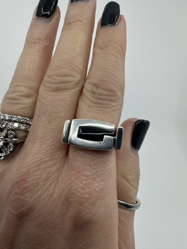Chunky Sterling Silver Reversible Black Onyx & MOP Guess Ring Size L - M 925