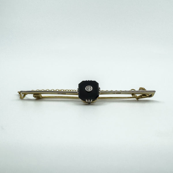 Antique / Art Deco 18ct & 15ct Gold Diamond & Black Onyx Bar Brooch 750
