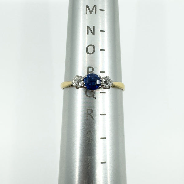 Antique 18ct Gold Sapphire & Old Cut Diamond Trilogy Ring 750 Size P
