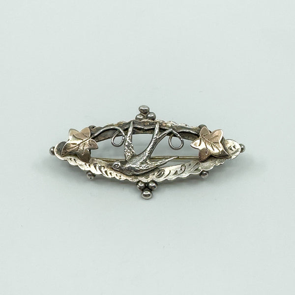 Antique Victorian Sterling Silver & Rose Gold Swallow & Ivy Brooch 925 (Chester)