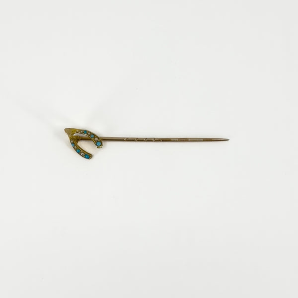 Antique Victorian 9ct / 15ct Gold Lucky Wish Bone Pearl & Turquiose Stick Pin