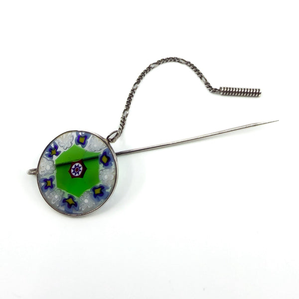 Vintage Sterling Silver Floral Murano Glass Millefiori Brooch / Stick Pin 925