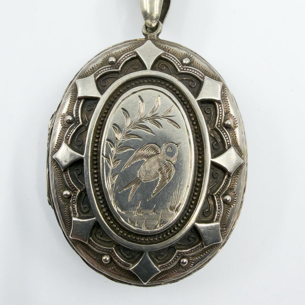 Large Antique Victorian Sterling Silver Reversible Locket & 18.5" Book Chain 925