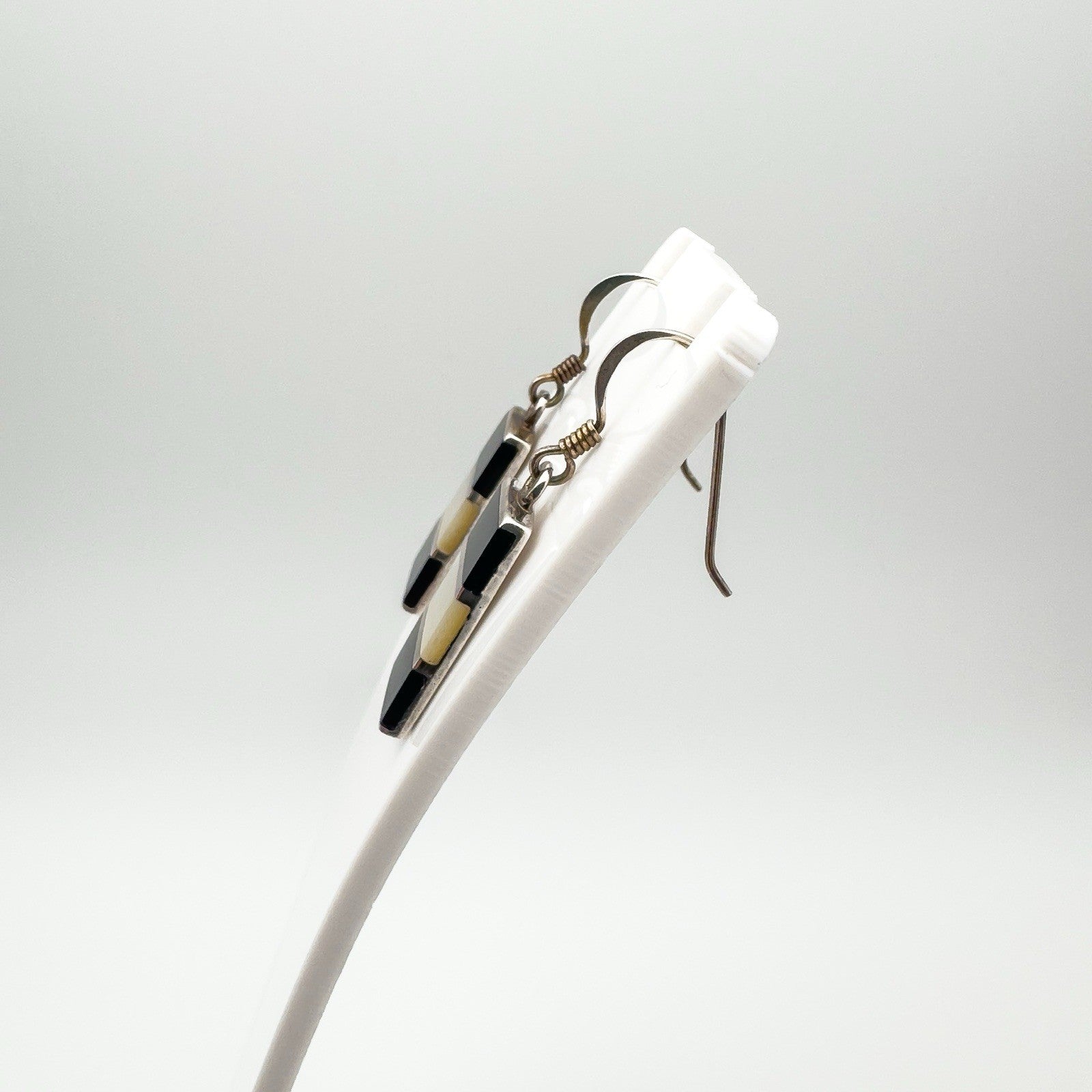 Black Onyx & White Mother of Pearl Drop Earrings Shepherd Hooks Sterling Silver
