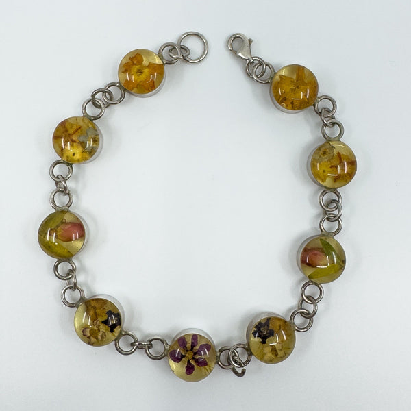 Sterling Silver Floral Resin Dried Flowers Links Bracelet 925