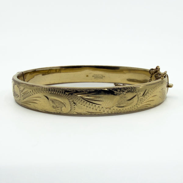 Vintage Rolled Gold Oval Foliate Engraved Hinged Bangle / Bracelet