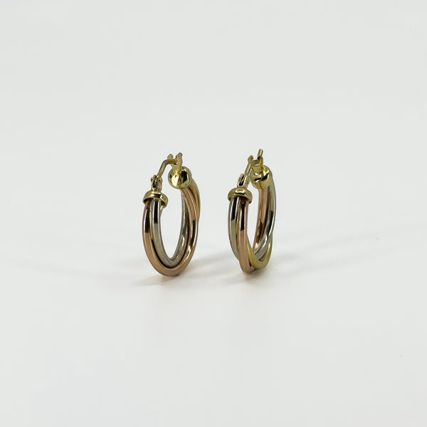Vintage 9ct Gold Tri Coloured Twisted Hoop Earrings 375