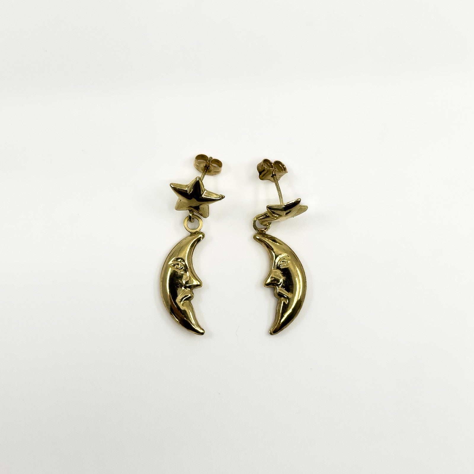 Vintage 9ct Gold Celestial Moon & Star Dangle Drop Earrings 375