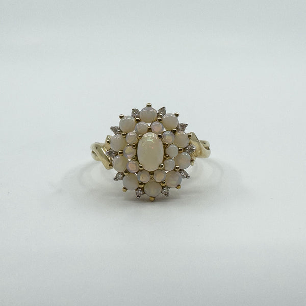 Vintage 9ct Gold Opal & Diamond Cluster Ring 375 Size U - V (Birmingham 2005)
