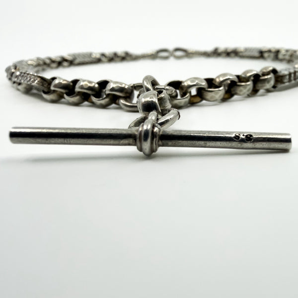 Antique Sterling Silver Chunky Fancy Link 15.8” Albert Chain & T-Bar 925