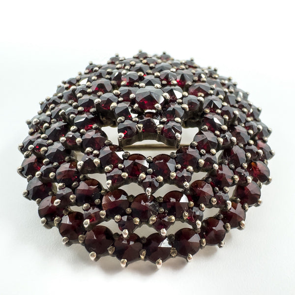 Large Antique Silver Gilt Bohemian Rose Cut Garnet Tiered Brooch / Pendant