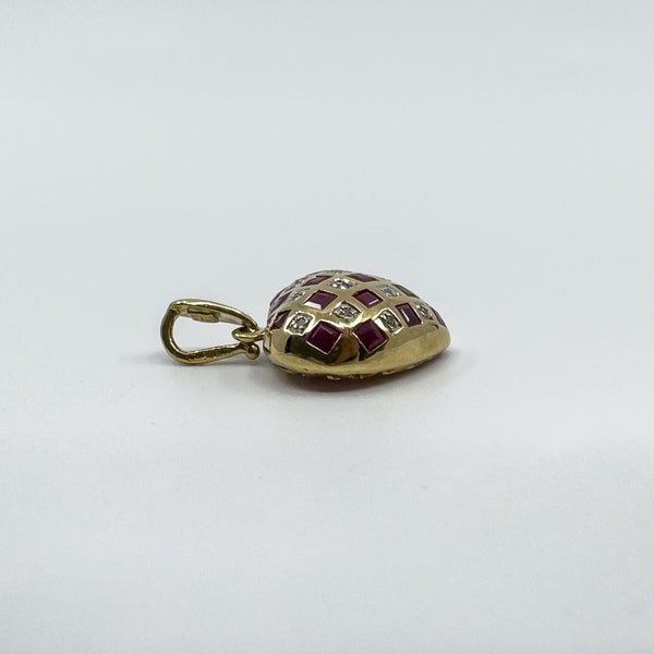 Vintage 9ct Gold Puffy Ruby & Diamond Heart Pendant 375