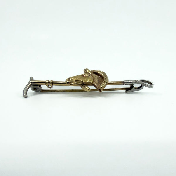 Vintage 9ct Gold Riding Crop Lucky Horseshoe Horse Bar Brooch 375