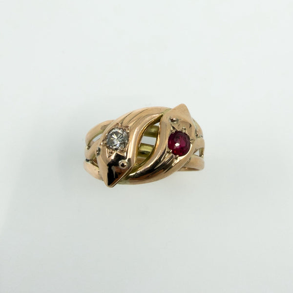 Antique 9ct Rose Gold Double Snake Diamond & Garnet Ring Size U (Chester 1909)