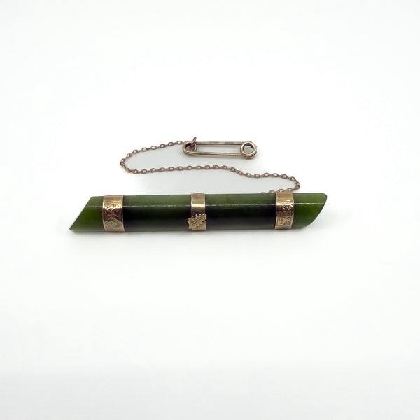Large Antique Victorian 9ct Gold Jade Bar Brooch 375
