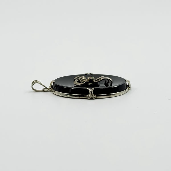 Large Vinatge 14ct White Gold Black Onyx & Diamond Bow Pendant 585