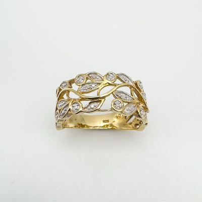 Vermeil Diamond Floral Band Leaf Ring in Sterling Silver 925 Size R - S Eternity