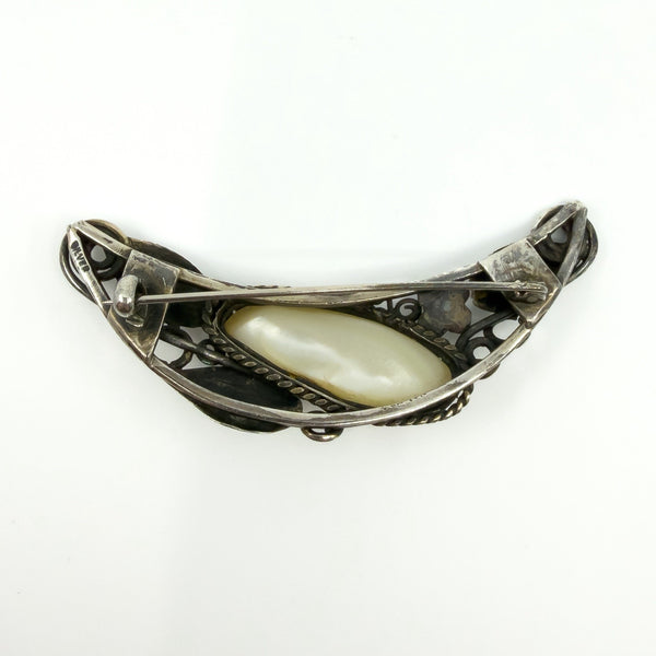 Large Arts & Crafts Sterling Silver Vintage Floral Mother of Pearl Brooch 925