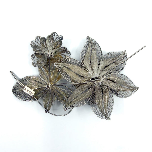XL Vintage Silver Filigree Trio of Flowers Brooch 900