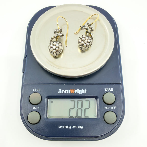 Silver Gilt Diamond & Pearl Puffy Heart Drop Bow Earrings 925