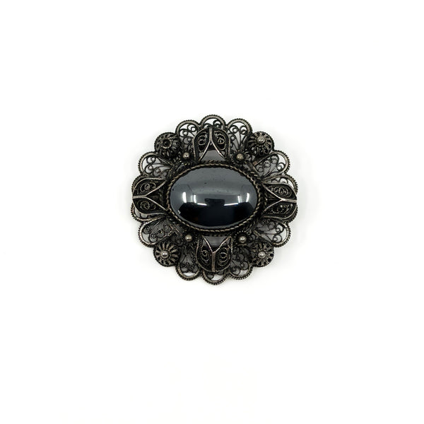 Large Vintage Sterling Silver Filigree Hematite Brooch 925