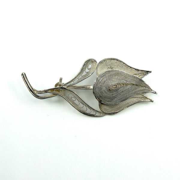 Vintage Sterling Silver Filigree Dutch Tulip Flower Brooch 925